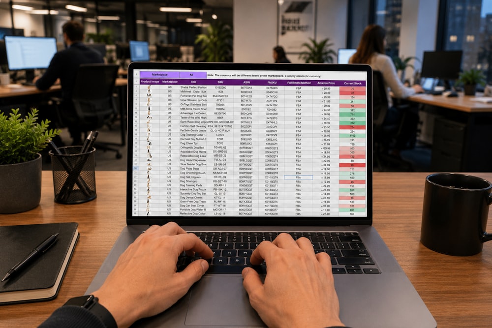 A person typing on a laptop showing a spreadsheet in an office setting