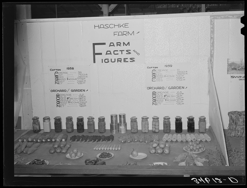 A black and white photo shows a display of farm products and data charts on a wall and table