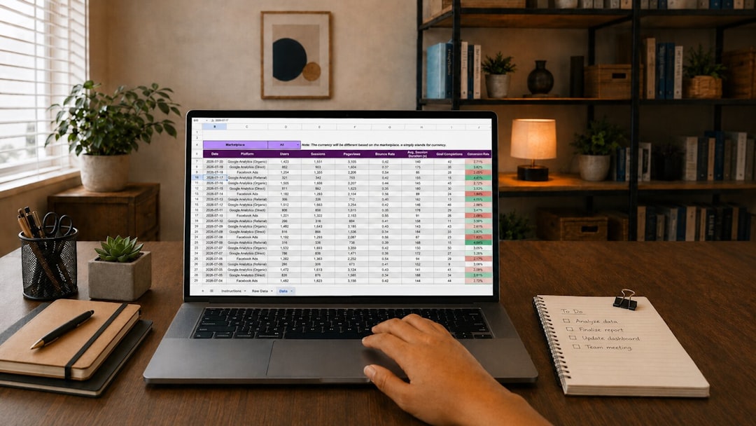 Laptop on a desk showing a spreadsheet of website traffic rows, notebook and pens beside it